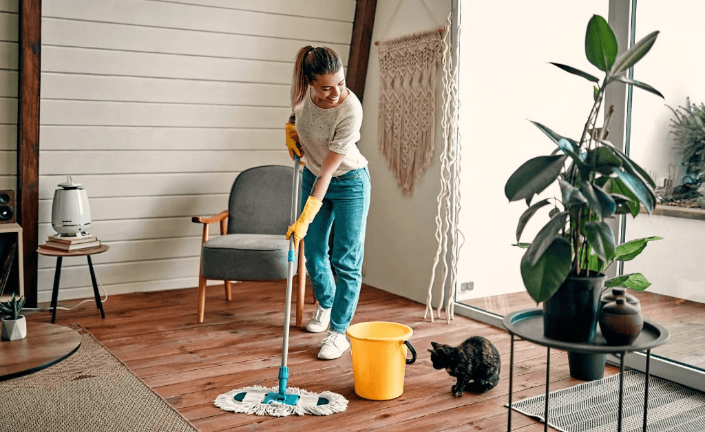 Cleaner mopping a hardwood living room floor